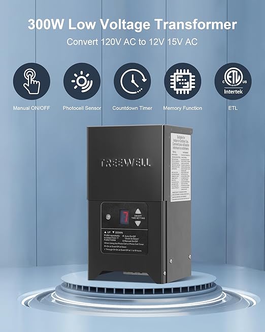300W Low Voltage Landscape Transformer Outdoor Landscape Lighting Transformer with Photocell Sensor &amp Timer 120V AC to 12V/15V AC Stainless Steel Waterproof Transformer Black ETL Listed