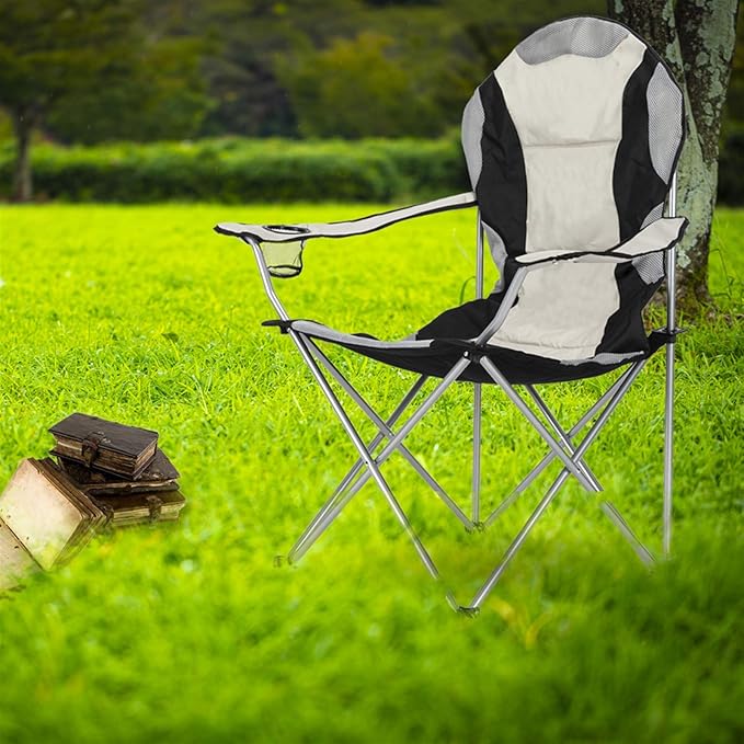 Medium Camping Folding ChairHeavy Duty Support 330 LBS Iron Tube Collapsible Arm Chair with Cup Holder Portable for OutdoorBlack&amp Gray
