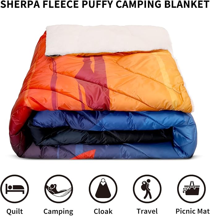 zzlamb Outdoor Camping Blanket with Sherpa LiningPuffy Thick Camp Quilt for SleepingPackable Warm Wearable Fleece Blankets for Cold WeatherTravelingBackpackingPicnicsBeachStadium 52x75in