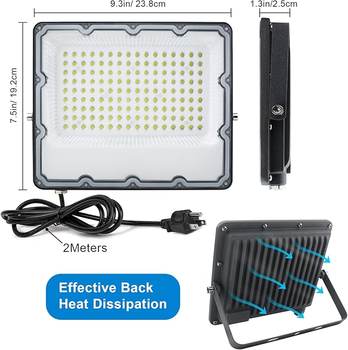150W LED Flood Lights Plug in Outdoor Security Lights Fixtures 6500K 15000LM Illumination IP66 Waterproof White Lighting for Ball Ground Parking Lot Pathway Yard (1 Pack)