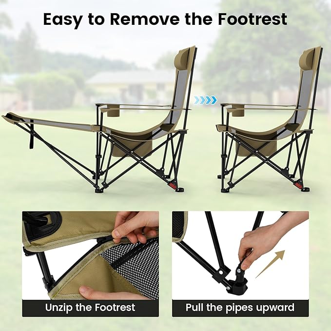 Goplus Reclining Camping Chair with Foot Rest Folding Lounge Chair for Adults w/Adjustable Backrest Storage Bag &amp Cup Holder Portable Recliner Beach Chair Outdoor Camp Picnics 330 LBS (1 Kha