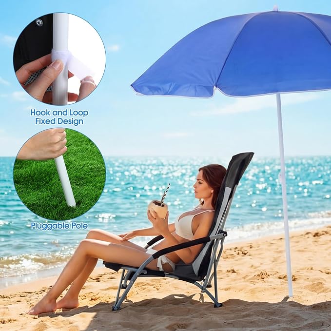 Huwena 2 Pack Beach Chair for Adult with 2 Umbrella Low Folding Chair Detachable Adjustable Lightweight with Armrests Cup Holder Carry Bag Portable for Sand Camping Travel Outdoor Pool(Black)