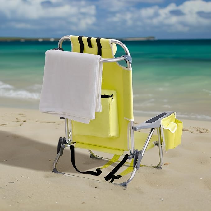 Backpack Beach Chairs Low 5 Position Beach Chair with Pouch Straps Folding Lightweight Reclining Aluminum Lay Flat Single (Yellow Low)