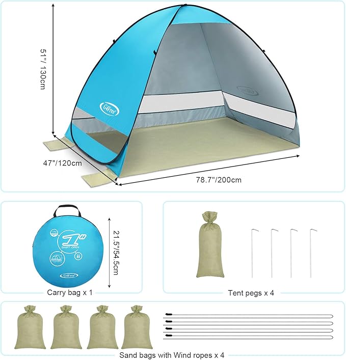 G4Free Large Pop up Beach Tent for 3-4 Person UPF 50+ Automatic Sun Shelter Canopy Portable Outdoor Cabana Sun Umbrella