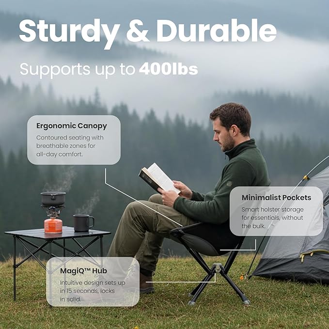 CLIQ ClassiQ 2.0 Camping Chair with Carry Bag - Portable Folding Chair &amp Bag for Outdoors - Reinforced 400 lb Capacity - Quick-Setup Travel Chair for Camping Beach &amp Hiking - Grey