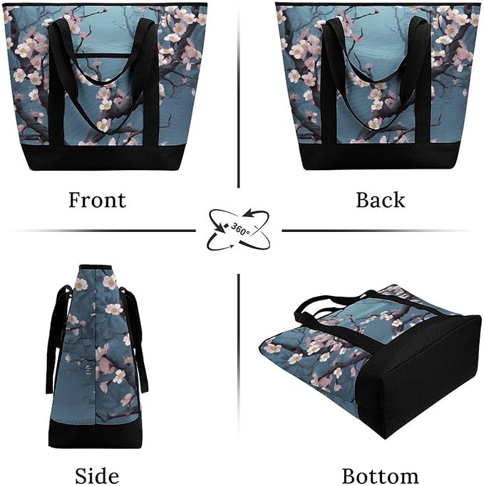 Insulated Shopping BagLarge Reusable Cooler Bags Cherry Blossom Printed Foldable Shopping BagTravel Waterproof Shoulder Bag