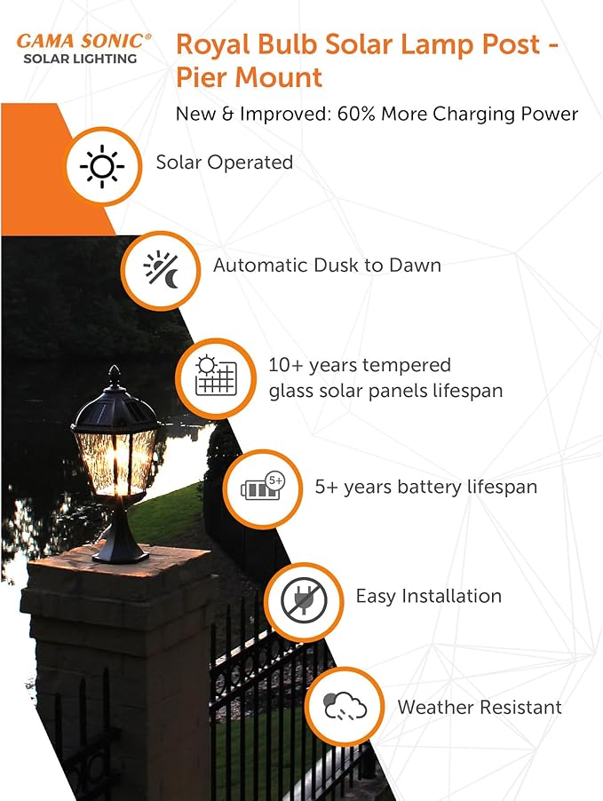 Gama Sonic Outdoor Solar Post Light with Pier Base Brushed Bronze Finish Aluminum and Rain Glass Royal Bulb 150 Lumens Warm White LED Mount on Column or Flat Surface 98B111 Upgraded Panel