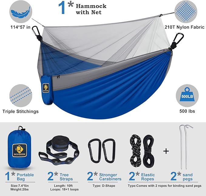 Camping Hammock with NetTravel Portable Lightweight Hammocks with Tree Straps and Solid D-Shape CarabinersParachute Nylon Hammock for Outsides Backpacking Beach Backyard Patio Hiking Blue &amp Grey