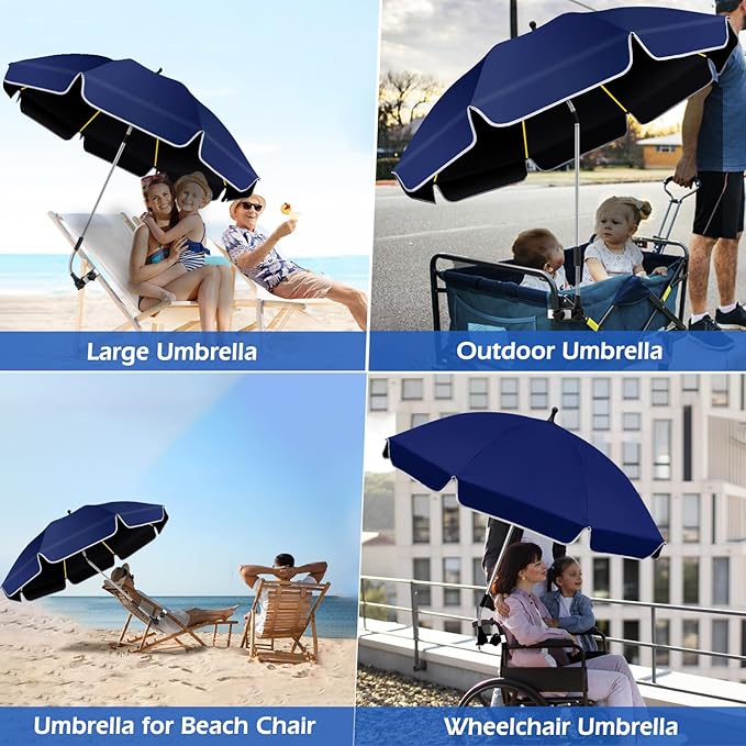 48.8 inch Beach Umbrella with Clamp Sun Shade for Beach Chair 360°Adjustable UV Protection Golf Umbrella with Clip for Outdoor Stroller Wheelchair Camping Chair（ink blue）