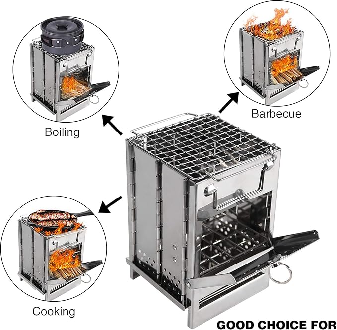 REDCAMP Wood Burning Folding Camp Stove Stainless Steel Grid Portable Collapsible Backpacking Stove Survival Rocket Stove for Hiking Outdoor Tent Camping Picnic BBQ Samll