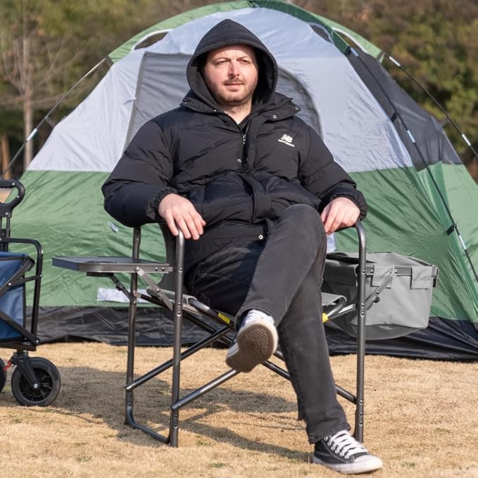 Director Camping Chair with Cooler Bag &amp Foldable Side Tray - 400lbs Heavy Duty Outdoor Folding Lawn Chair Portable Camp Chair for Fishing/Backyard (Black &amp Gray)