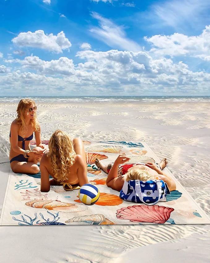 Summer Beach Beach Blanket Waterproof Sandproof Orange White Blue Seashell Vintage Coastal Beach Mat Quick Drying Outdoor Picnic Mat 83 x 79 for 1-4 Adults Essentials for Travel Camping Hiking