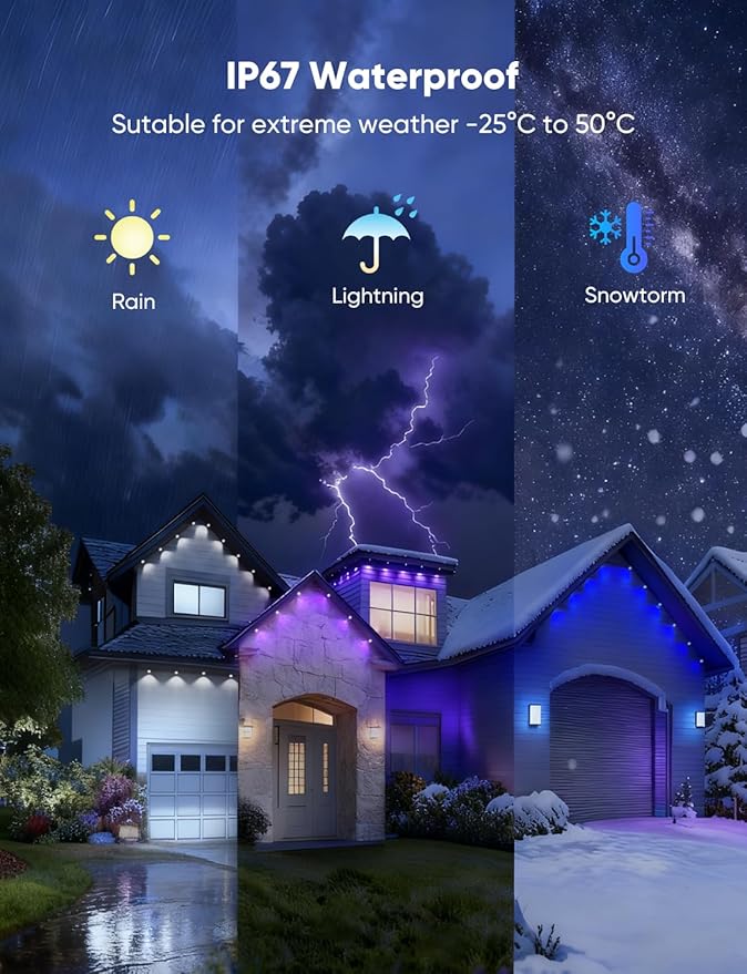 APPECK Permanent Outdoor Lights 400ft with 288 LED Lights 144W Smart RGBW Eaves LightsDC 36V 40LM IP67 Waterproof String Lights for Christams Party Decor Compatible with Alexa Black