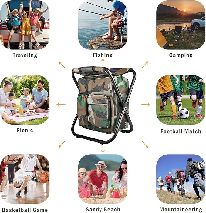 Out&ampAbout 3-in-1 Backpack Stool Cooler Chair 400 LBS Max Load Portable Folding Fishing Cooler Stool - Camo