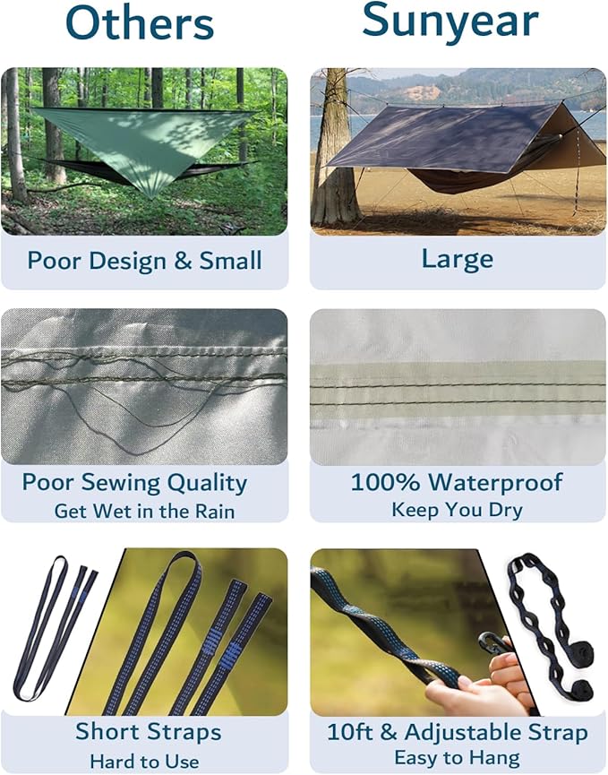 Sunyear Hammock Camping with Rain Fly Tarp and Net Portable Camping Hammock Double Tree Hammock Outdoor Indoor Backpacking Travel &amp Survival 2 Tree Straps100% Waterproof