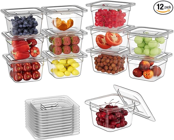 1/6 4'' 12 Pack Plastic Food Pans With Lids Clear Food Pan Commercial Stackable Polycarbonate Freezer-Safe for Fruits Vegetables Restaurant Kitchen