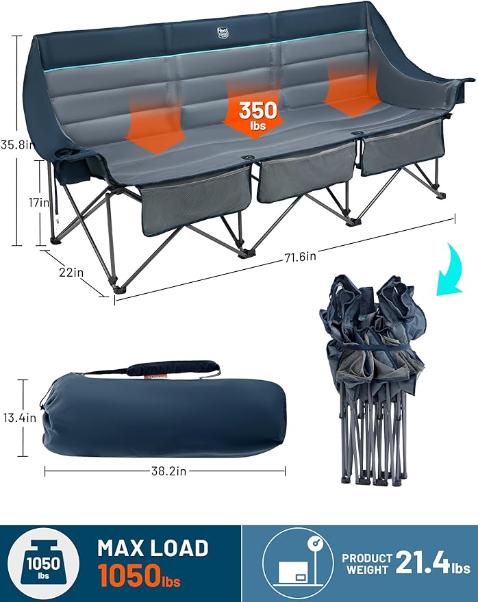 Timber Ridge 3 Person Camping Chair with Cup Holders and Pockets Outdoor Folding Loveseat Camping Chairs 1050lbs Capacity Heavy Duty Camp Couch for Outside Picnic Beach Lawn Sports Blue