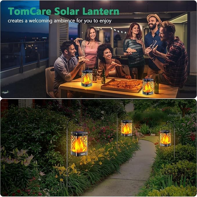 TomCare Solar Lanterns Outdoor Upgraded Flickering Flame Waterproof Hanging Lanterns Decorative Solar Powered LED Lights for Patio Deck Yard 6 Pack
