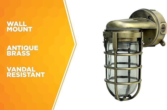 Woods L1707SVAB Traditional 100W Incandescent Weather Industrial Light Suitable for Indoor and Outdoor Use Wall Mount Metal Die Cast Construction and Tempered Glass Lens Antique Brass