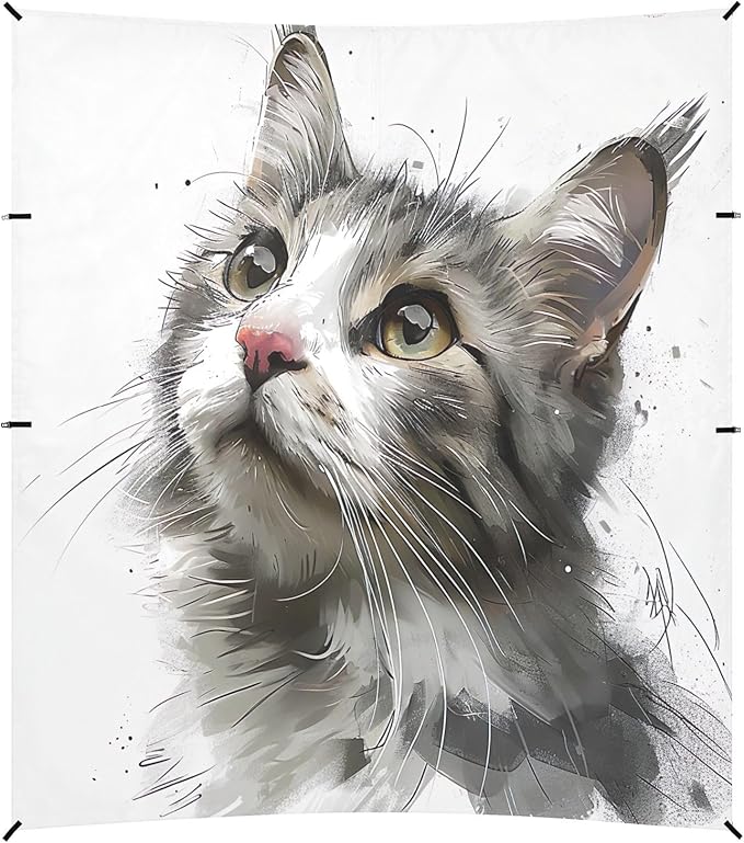 Cat Drawing Beach Tent Sun Shelter 9.2' x 10.5' Beach Canopy with 4 Sandbags 4 Stability Poles Sand Shovels - Tent Canopy for Beach Camping Fishing Picnics