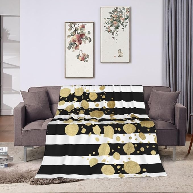 80X60 Faux Gold Paint Splatter On Black &amp White Stripes Lightweight Flannel Blanket - Soft and Breathable Polyester Suitable for Travel Camping and Home Decoration