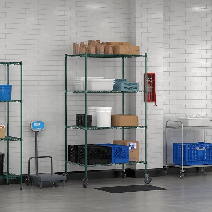 Commercial NSF Listed Green Epoxy Mobile Wire Shelving Kit 30 x 42 x 80 with 4 Shelves Perfect for Warehouse Walk-in Refrigerator Freezer Grocery Store Restaurant Dishroom