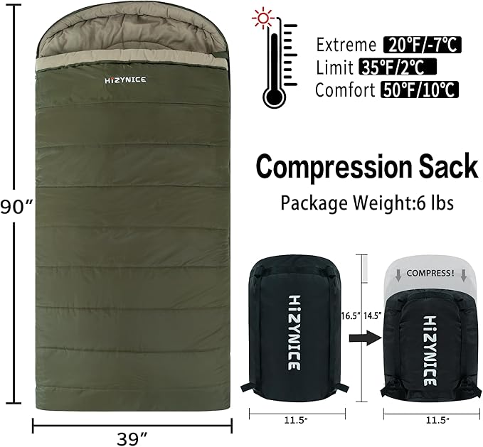 Cold Weather Sleeping Bag 100% Cotton Flannel XXL for Adults Big and TallFree Compression Sack