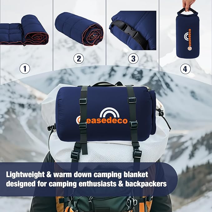 Down Camping Blanket - Lightweight Packable Warm Puffy Travel Quilt with Footbox 650 Fill Power Waterproof Outdoor Blankets for Hiking Travel Down Quilt Navy Blue 1lb 1oz / 77''*52''