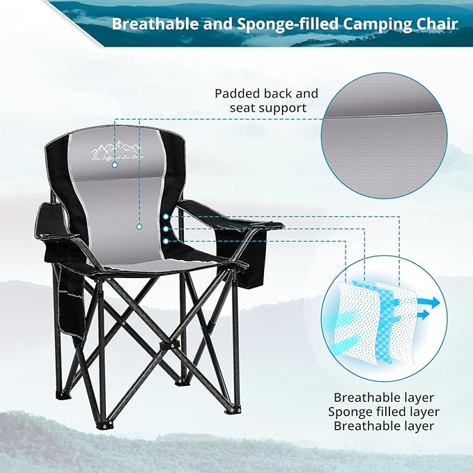 Folding Camping Chair Heavy Duty Portable Lawn Chairs with Cooler Bag Side Pocket &amp Cup Holder Folding Chairs for Outside Support 450lbs Black