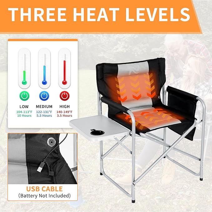 MOPHOTO Heated Camping Chair Portable Directors Chair with 3 Heat Levels Outdoor Heating Folding Camp Chairs with Side Table Pocket for Camping Fishing Picnic Lawn