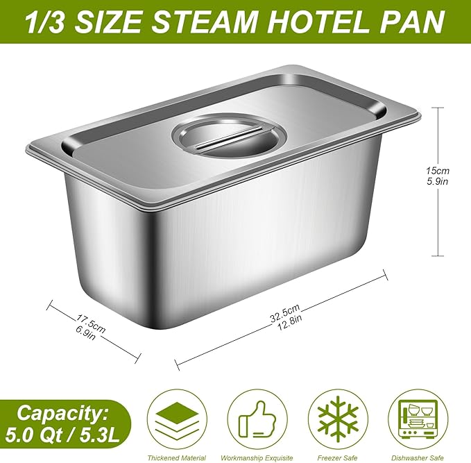 8 Pack 1/3 Size Hotel Pans with Lids 6 Inch Deep 1.2mm Thick Commercial Stainless Steel Chafing Steam Table Pan Catering Storage Metal Food Pan