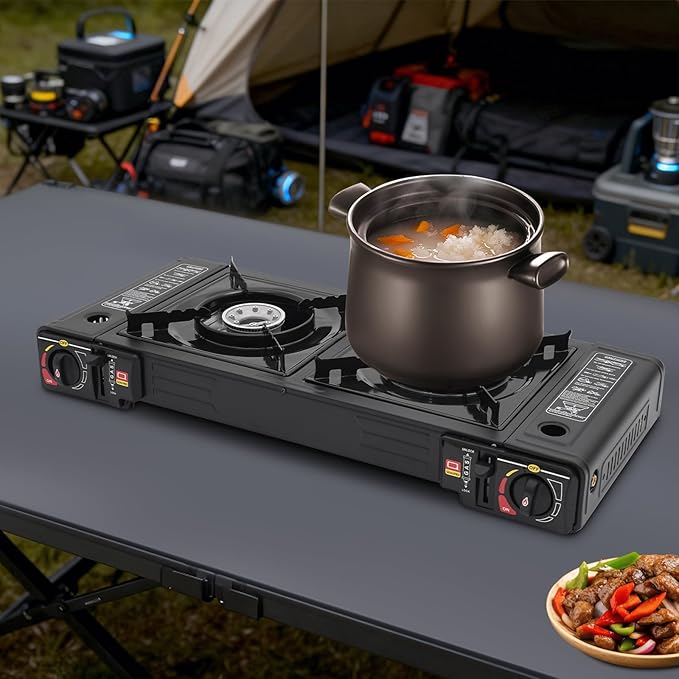 2-Burner Portable Camping Stove Butane Camping Stove Outdoor Travel Camp Stove for Camping BBQ Home (without Grill Tray)