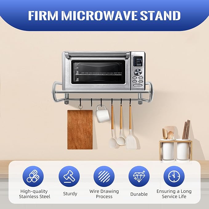 Microwave Oven Shelf Wall Mount Stainless Steel Over The Stove Bracket Holder with 6 Hooks Microondas Rack for Dorm Apartment Kitchen Bedroom W20.8 X D14.9 X L7.1in