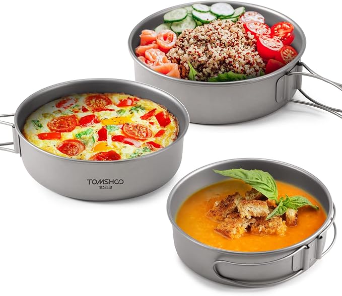 Titanium Bowls 3pcs Titanium Bowls Set Ultralight Titanium Dinner Bowl Pan with Foldable Handles for Outdoor Camping Hiking Picnic