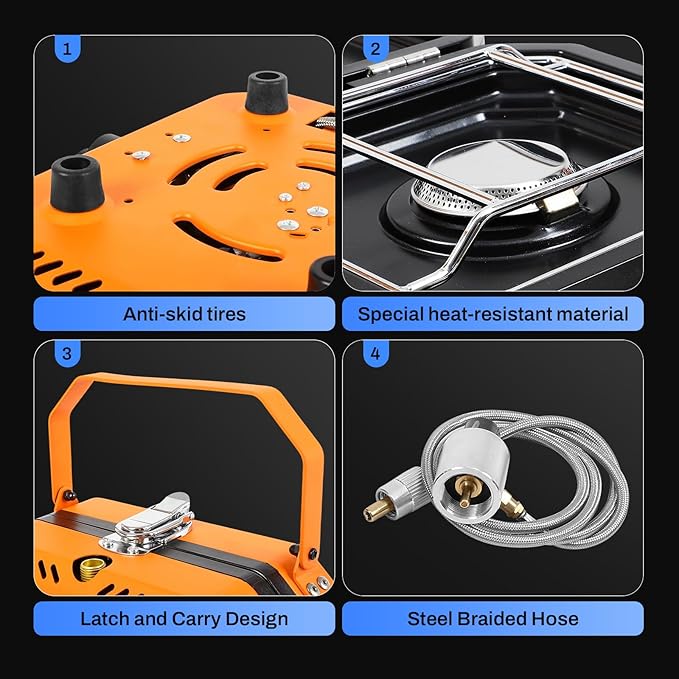 Adjustable 2-Burner Portable Stove with 16000 BTU with Camping Grill and Carrying Bag Portable Propane Camp Stove with 2 Burners &amp Piezo Ignition for Camping Backyard BBQTailgating (Orange)