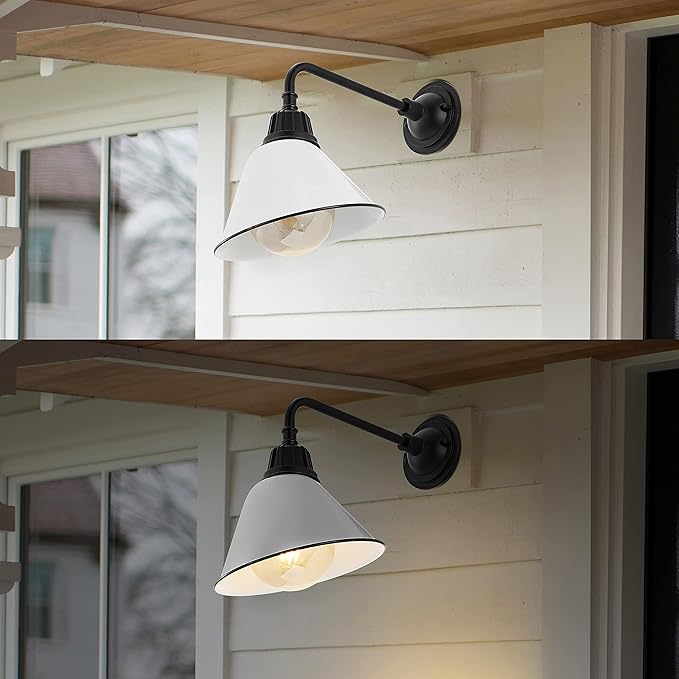 JONATHAN Y 9.63 White/Black 1-Light Farmhouse Outdoor Sconce Industrial LED Wall Light Gooseneck Arm Barn Lamp with Metal Bell Shade for Porch Patio Kitchen LED Bulb Included JYL7612A