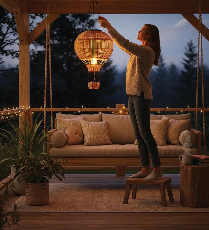 Regal Art &amp Gift Hot Air Balloon Solar Lantern – Hanging Solar-Powered LED Lights Waterproof Portable Decorative Outdoor Lamp Made of Metal &amp Glass for Garden Patios &amp Pathway – Wicker (