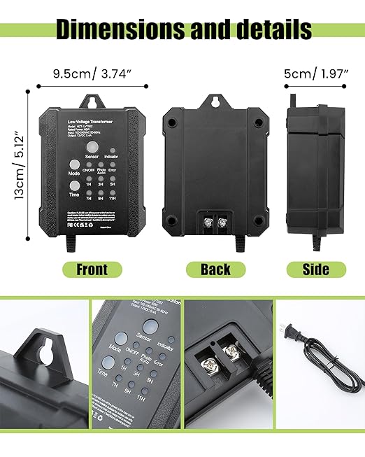 65W Low Voltage Transformer Outdoor Low Voltage Landscape Transformer with Timer &amp Photocell Sensor 120V AC to 12V DC Waterproof Power Supply for Landscape Lighting Spotlight Deck Lights