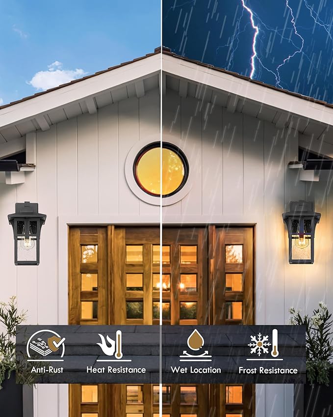 Outdoor Light Fixture HWH Large Outdoor Wall Lantern 1-Light Exterior Wall Mount Light with Seeded Glass Matte Black Finish 15 Height HX1B BK (Large)