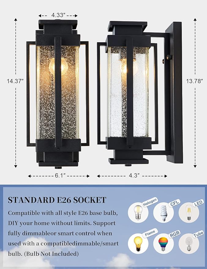 Dusk to Dawn Outdoor Wall Lanterns Large Exterior Porch Lights Wall Mount IP65 Waterproof Outdoor Sconces with Seeded Glass Outside Wall Lamp for House Garage Front Porch Patio