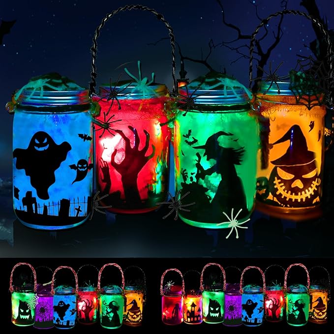 6 Pack Halloween DIY Lantern Jar Craft Kit Decor Supplies GiftsHalloween Crafts for Kids Ages 4-12for AdultCrafts Activities for School Indoor Outdoor Garden Home DIY Decor Art Kit Project