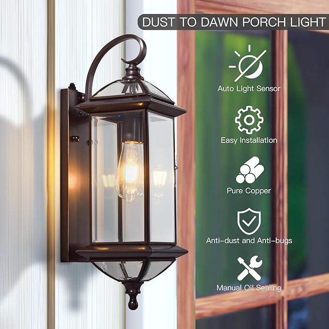20''H Dusk to Dawn Sensor Outdoor Lighting Copper Large Porch Light Wall Mount with Tempered Glass Exterior Light Fixture for GaragePorchPatioOil-Rubbed BronzeE26 Socket1 Pack