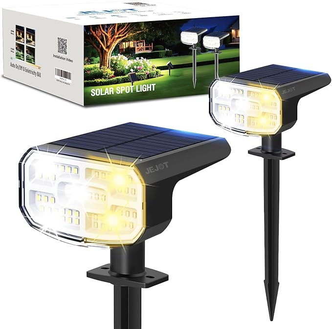Solar Spotlights Super Bright LED 2 CCT Warm &amp Cool Light Solarspot Lights for Outside Landscape Auto On/Off -2 Pack