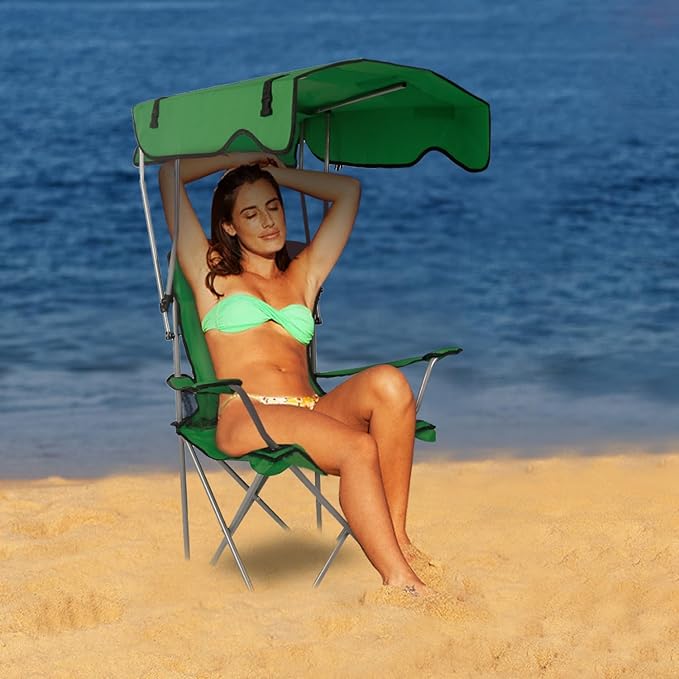 Camping Chair with Canopy Outdoor Folding Lounge Chair with Adjustable UPF 50+ Sun Shade &amp Cup Holder Portable Camping Recliner for Camp Beach Outdoor Sports 350LB Max Support - U.S Spot