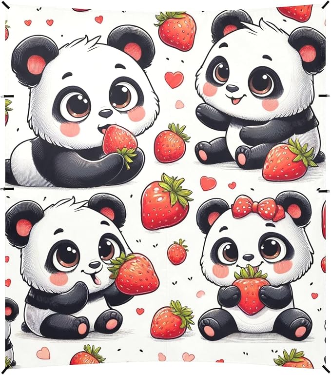 Cute Panda with Strawberry Camping Sun Shelter Beach Tent Portable Beach Sun Shade Outdoor Canopy for Camping Trips Fishing Picnic