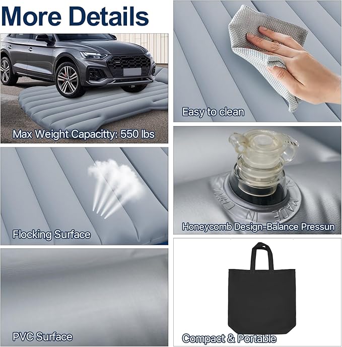 SUV Air Mattress Car Air Mattress Compatible with Tesla Model Y Camping Bed for Car Backseat Inflatable Sleeping Pad with Pump Truck Jeep Travel Bed for Camping Road Trip (Grey)