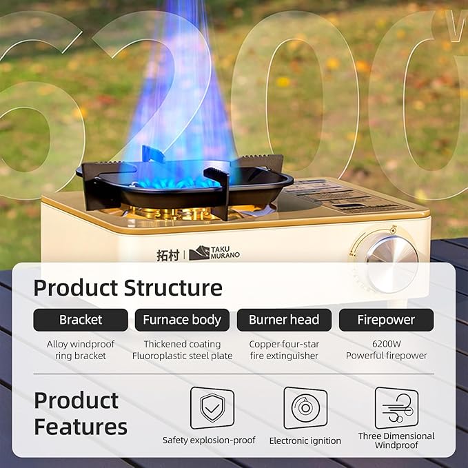 Portable Butane Camping Stove Mini Backpacking Camp Stove for Camping Hiking RV Trip Quick Breakfast and Emergency 6200W Coffee-coloured and Black (Black)