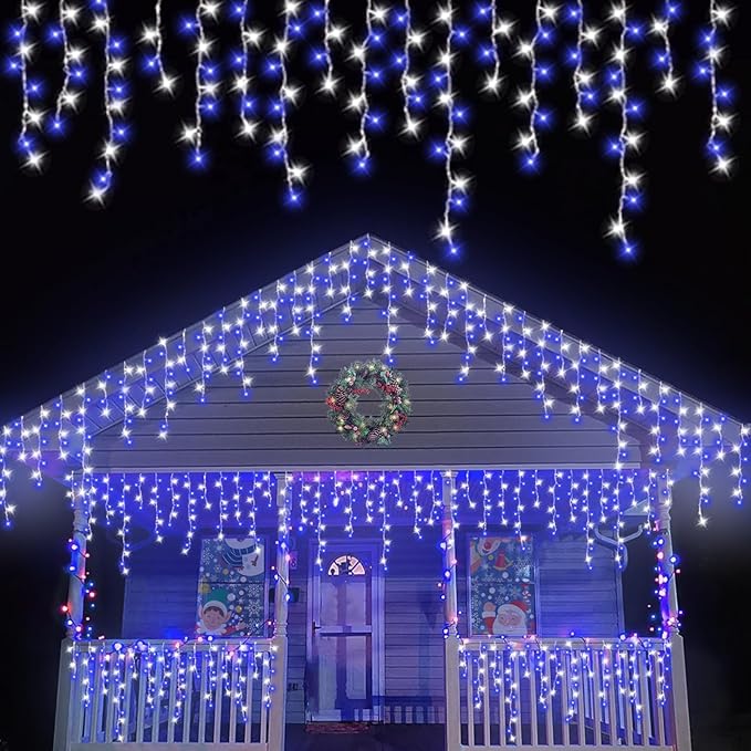 QITONG Blue and White Icicle Lights for Outside 33ft 400 LED String Light Indoor Plug in 8 Modes Connectable Icicle Christmas Light Clear Wire