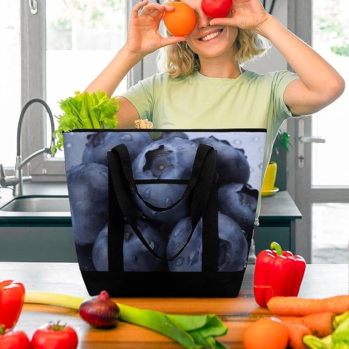 Insulated Shopping BagLarge Reusable Cooler Bags Blueberry Printed Foldable Shopping BagTravel Waterproof Shoulder Bag