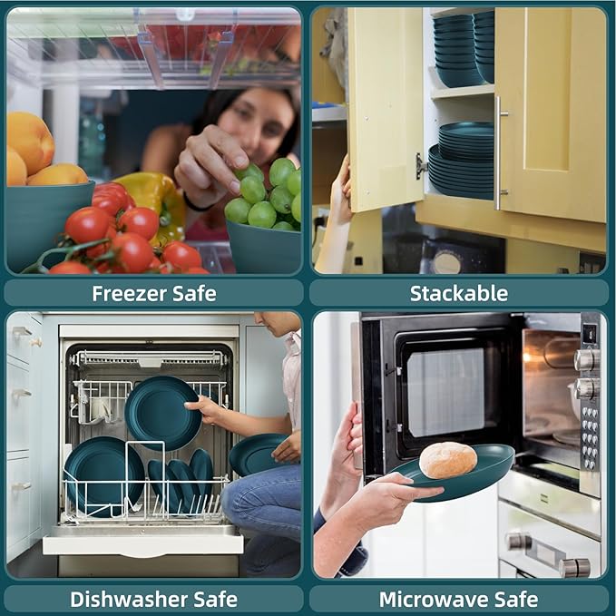 Green Unbreakable Plates and Bowls Sets Microwave and Dishwasher SafeDark Green Dinnerware Sets for 8Christmas Reusable Plastic Dishes Set Lightweight for Kids Elderly Kitchen Adults Camping Outdoor